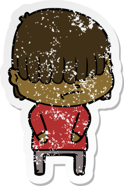 Bir insan tarafından çizilmiş dağınık saçlı bir çizgi film çocuğunun sıkıntılı çıkartması.