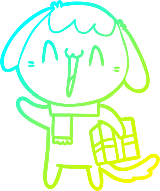 Bir insan tarafından çizilmiş noel hediyeli şirin bir köpeğin soğuk gradyan çizimi.