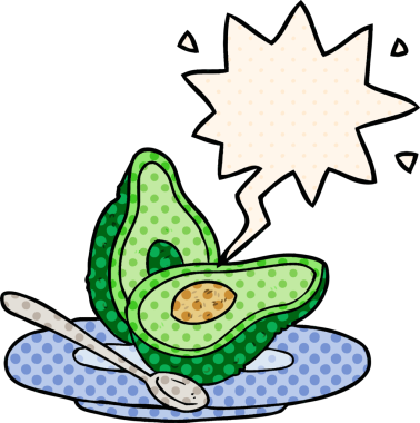 Bir insan tarafından çizilmiş çizgi roman tarzında konuşma balonu olan yarım yamalak bir avokado.