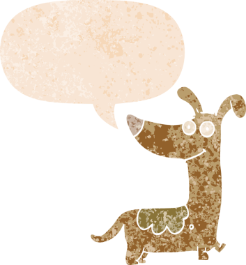 Bir insan tarafından çizilmiş grunge dertli retro tarzı konuşma baloncuğu ile çizgi film köpeği