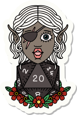 Bir insan tarafından çizilmiş doğal yirmi zarlı düzenbaz bir elf karakterinin çıkartması.