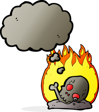 Bir insan tarafından çizilmiş düşünce baloncuğuyla eski kemikleri yakan çizgi film