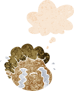 Düşünce baloncuğu içinde ağlayan çocuk dertli eski moda bir insan tarafından çizilmiş.