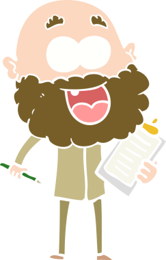 Düz renkli çizgi film. Sakallı ve pano takan çılgın mutlu adam. Bir insan tarafından çizilmiş notlar.