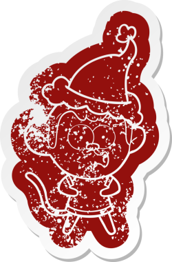 Garip bir çizgi film, insan tarafından çizilmiş Noel Baba şapkası takan şaşırmış bir maymunun çıkartması.