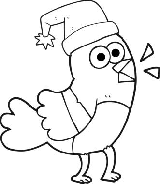 Bir insan tarafından çizilmiş Noel şapkası takan siyah beyaz bir kuş çizildi.