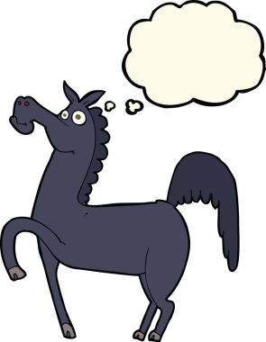 Bir insan tarafından çizilmiş düşünce baloncuklu komik bir at.