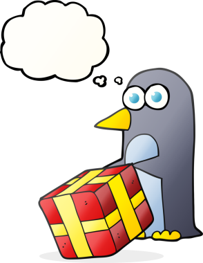 Serbest çizim düşünce baloncuğu pengueni Noel hediyesi olarak bir insan tarafından çizilmiş.