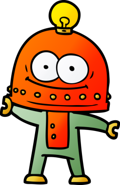 Bir insan tarafından çizilmiş ampullü mutlu karton robot.