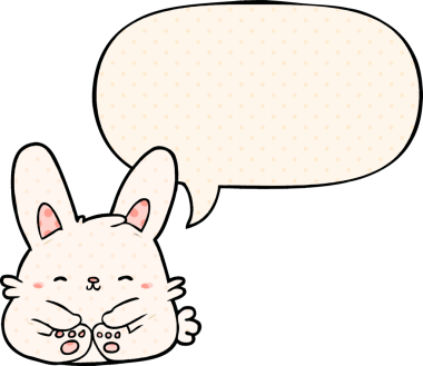 Bir insan tarafından çizilmiş çizgi roman tarzında konuşma balonu olan sevimli çizgi film tavşanı.