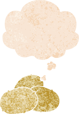 Düşünce baloncuğu ve grunge ile çizgi film patatesleri bir insan tarafından çizilmiş dertli retro tarzı