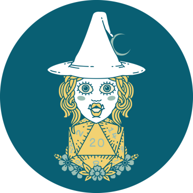 Retro Dövme Biçimi Yarı Ork Cadı Bir insan tarafından çizilmiş 20 zar ile