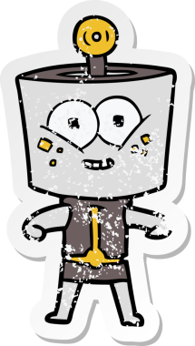 Bir insan tarafından çizilmiş mutlu çizgi film robotunun sıkıntılı çıkartması.