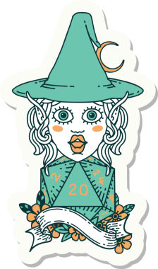 Bir insan tarafından çizilmiş doğal yirmi zarlı elf büyücü karakterinin çıkartması.