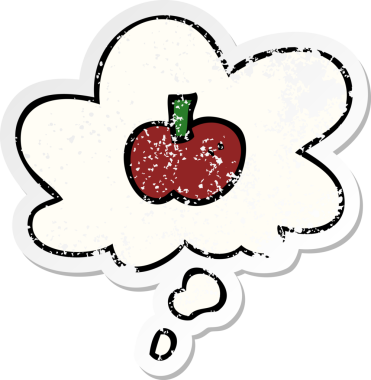 Düşünce baloncuğu olan çizgi film elma sembolü bir insan tarafından çizilmiş yıpranmış bir çıkartma.