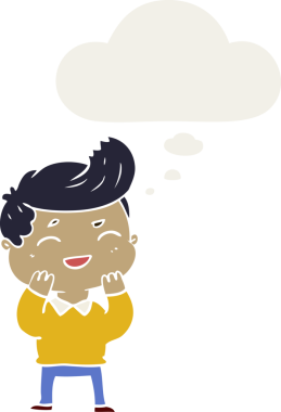 Düşünce baloncuğuyla gülen karikatürist bir insan tarafından çizilmiş.