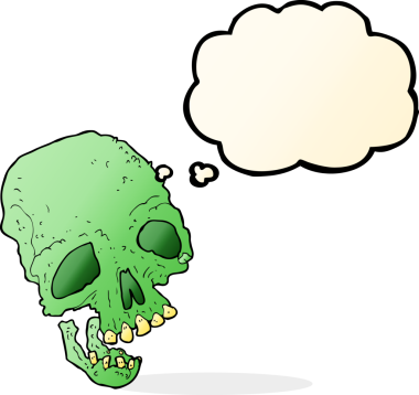 Bir insan tarafından çizilmiş düşünce baloncuklu antik ürkütücü kafatası.