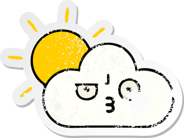 Sevimli bir çizgi film yıldızının sıkıntılı çıkartması ve bir insan tarafından çizilmiş bulut.