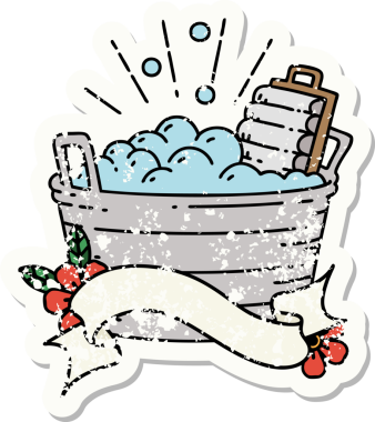 Dövme stili eski bir çıkartma eski bir çamaşır tahtası ve bir insan tarafından çizilmiş fırçalama kabı.