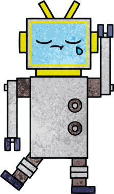 Bir insan tarafından çizilmiş ağlayan bir robotun retro grunge dokusu.