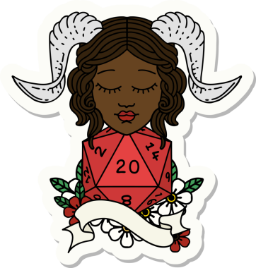 Bir insan tarafından çizilmiş doğal yirmi zarla yapıştırılmış bir etiket.