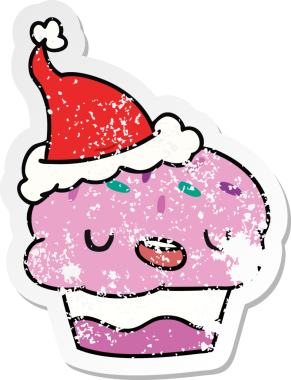 Bir insan tarafından çizilmiş kawaii kekinin sıkıntılı yılbaşı çıkartması.