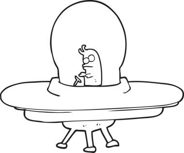 Bir insan tarafından çizilmiş siyah beyaz bir uçan daire.