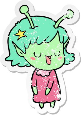 Bir insan tarafından çizilmiş mutlu uzaylı kız çizgi filminin sıkıntılı çıkartması.