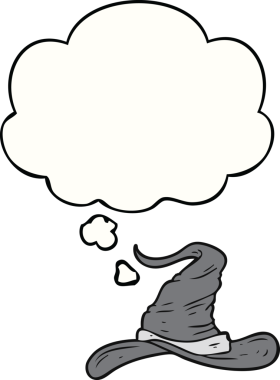 Bir insan tarafından çizilmiş düşünce baloncuklu çizgi film büyücüleri şapkası.