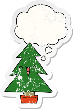 Düşünce baloncuğu olan karikatür Noel ağacı bir insan tarafından çizilmiş yıpranmış bir çıkartma.