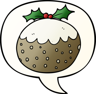 Karikatür noel pudingi, konuşma baloncuğu ile bir insan tarafından çizilmiş yumuşak bir gradyan stili.