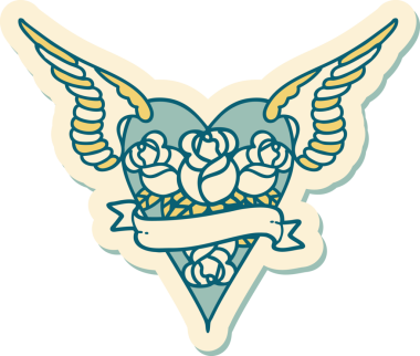 Geleneksel bir dövme stili. Uçan kalp. Çiçekler ve bir insan tarafından çizilmiş bayrak.