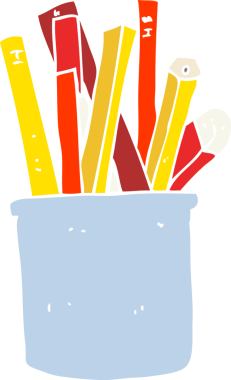 Bir insan tarafından çizilmiş kalem ve kalem masandaki düz renk çizimi