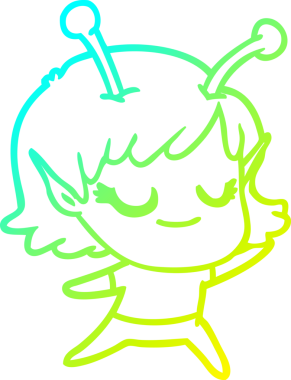 Bir insan tarafından çizilmiş gülümseyen uzaylı kız çizgi filmi.