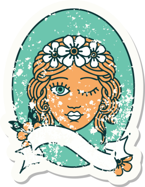 Üzerinde bir insan tarafından çizilmiş çiçek tacıyla süslenmiş bir bakirenin bayrağı olan eski bir etiket.