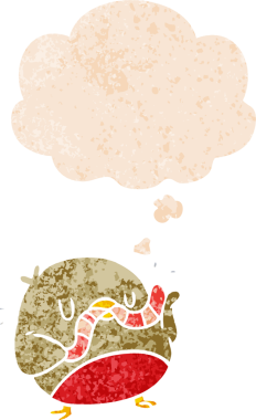 cartoon robin with worm with thought bubble in grunge distressed retro textured style drawn by a human