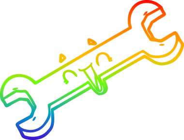rainbow gradient line drawing of a cartoon laughing spanner drawn by a human