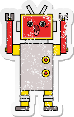 Bir insan tarafından çizilmiş sevimli bir robot çizgi film çıkartması.