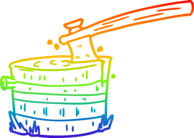 rainbow gradient line drawing of a cartoon tree stump with axe drawn by a human