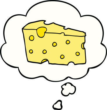 Bir insan tarafından çizilmiş düşünce baloncuklu çizgi film peyniri.