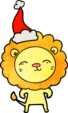 Bir insan tarafından çizilmiş Noel Baba şapkası takan bir aslanın el çizimi karikatürü.