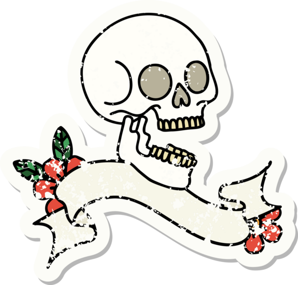 Bir insan tarafından çizilmiş kafatasının pankartıyla eski bir etiket.