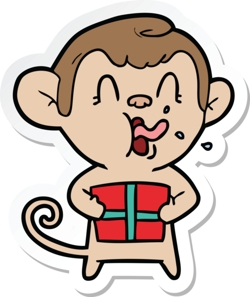 Bir insan tarafından çizilmiş Noel hediyeli çılgın bir çizgi film maymunu çıkartması.