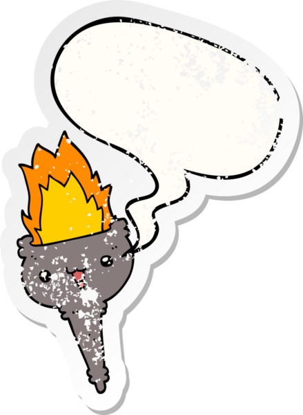 Bir insan tarafından çizilmiş, sıkıntılı, eski bir çıkartma olan, konuşma baloncuklu alevli kadeh.