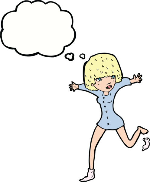 Bir insan tarafından çizilmiş düşünce baloncuğuyla çorabını çıkaran karikatür kadını.