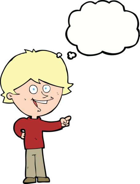 Çizgi filmci çocuk gülüyor ve bir insan tarafından çizilmiş düşünce balonuyla işaret ediyor.