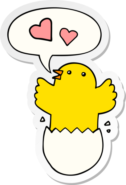 Bir insan tarafından çizilmiş konuşma kabarcığı çıkartmalı, yumurtadan çıkan tatlı bir karikatür.