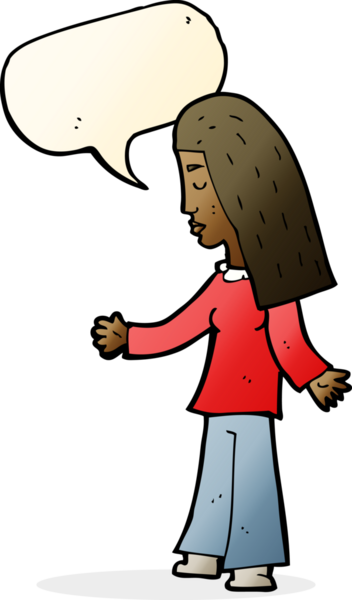 Bir insan tarafından çizilmiş konuşma balonlu açık kollu çizgi film kadını.