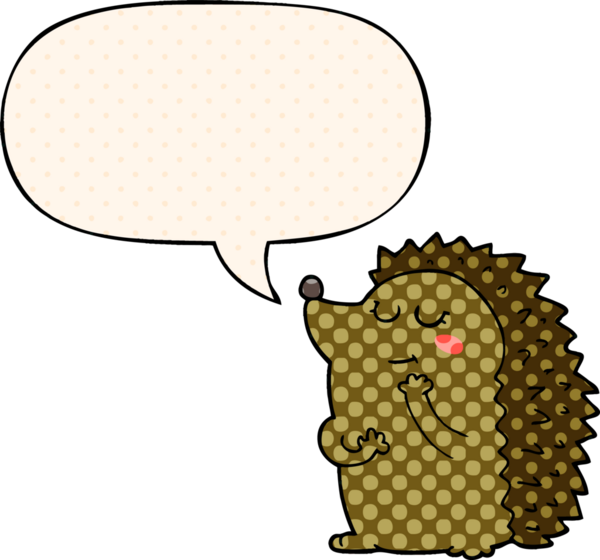 Bir insan tarafından çizilmiş çizgi roman tarzında konuşma balonu olan şirin bir kirpi.