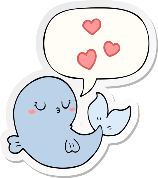 Bir insan tarafından çizilmiş balina konuşma baloncuğu çıkartmasına aşık tatlı çizgi film balinası.